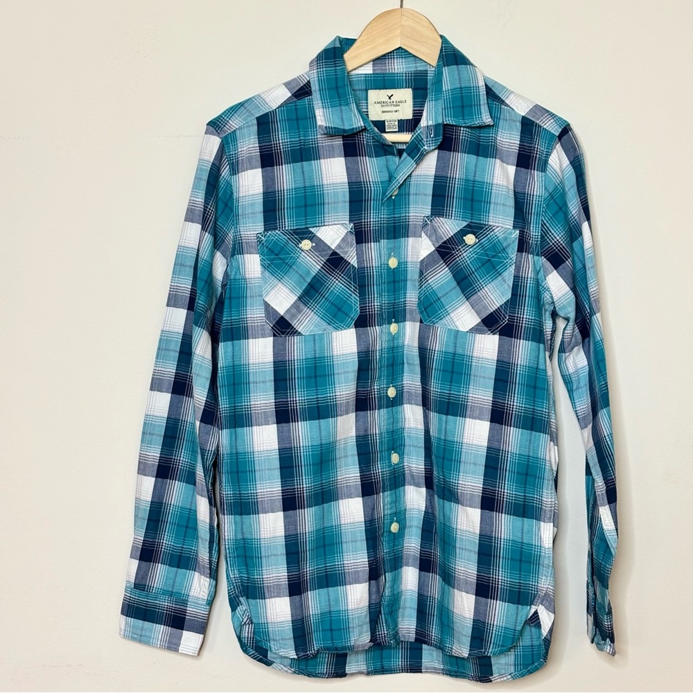 Mens Soft Plaid Button Down Shirt Classic Cotton S American Eagle Outfitters